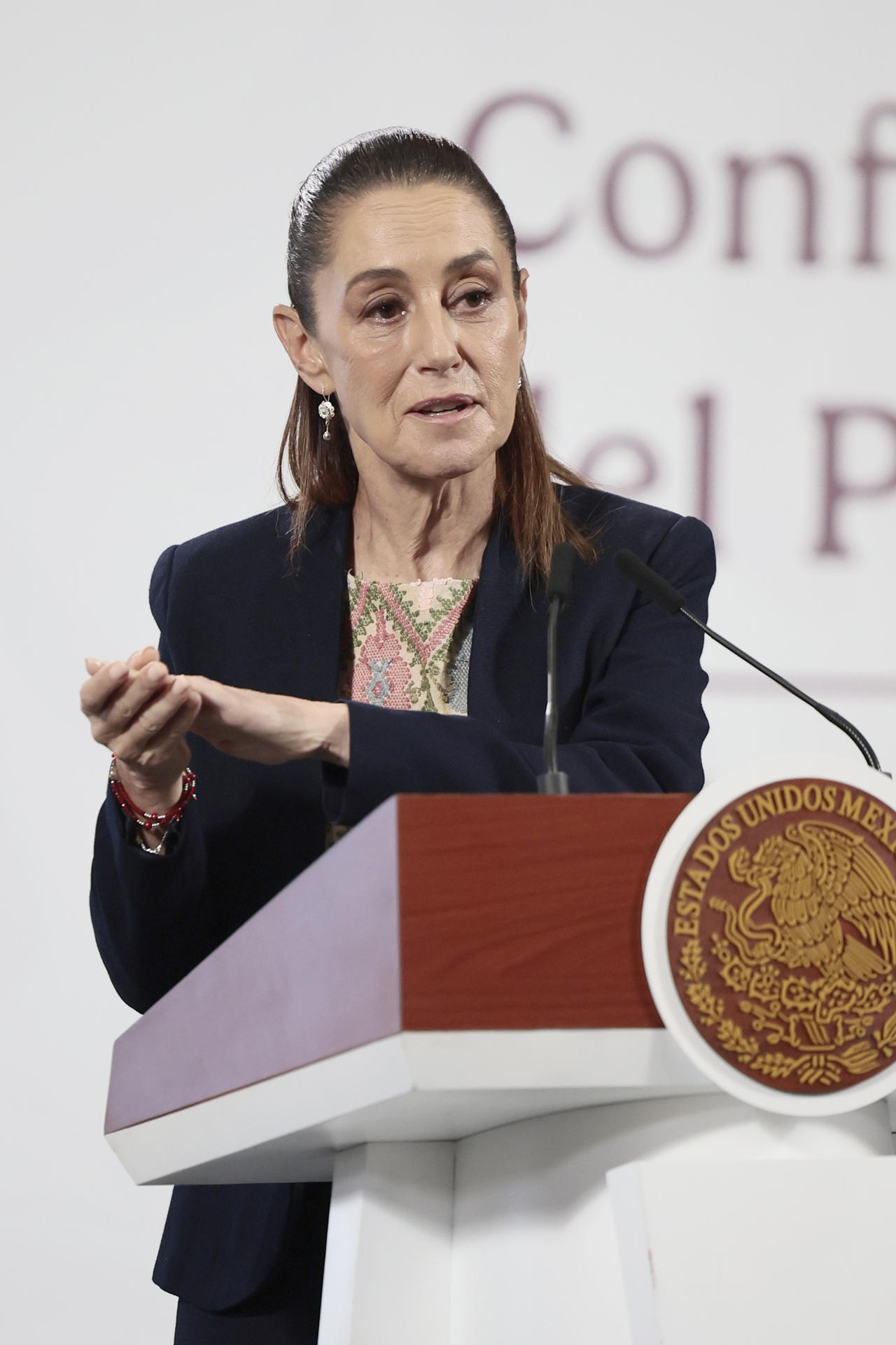 La presidenta de México, Claudia Sheinbaum, habla durante una rueda de prensa este lunes, en el Palacio Nacional de Ciudad de México (México). EFE/José Méndez
