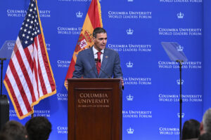 El presidente del Gobierno español Pedro Sánchez en la Universidad de Columbia. EFE/Pool Moncloa/Borja Puig de la Bellacasa