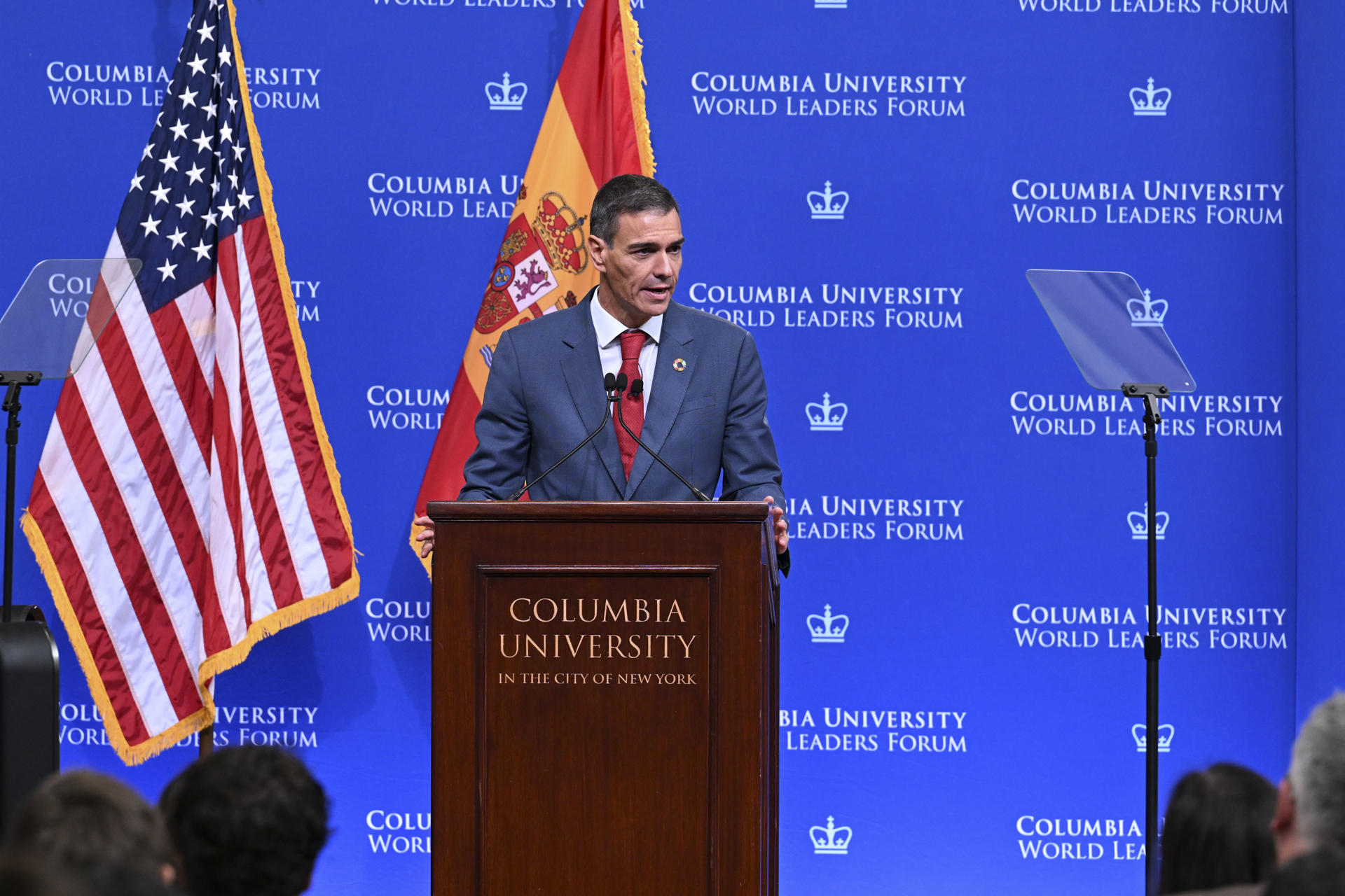 El presidente del Gobierno español Pedro Sánchez en la Universidad de Columbia. EFE/Pool Moncloa/Borja Puig de la Bellacasa
