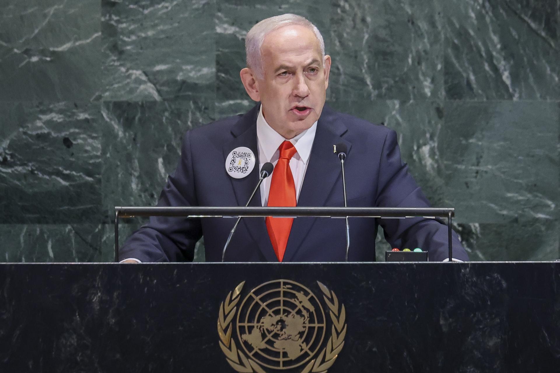 El primer ministro israelí, Benjamín Netanyahu, ante la Asmablea General de la ONU. EFE/EPA/SARAH YENESEL