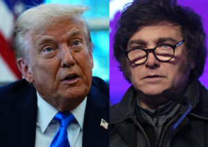 Combo de fotografías en las que se ve al presidente de Estados Unidos, Donald Trump (i), y el presidente de Argentina, Javier Milei. EFE/ Aaron Schwartz/ Juan Ignacio Roncoroni