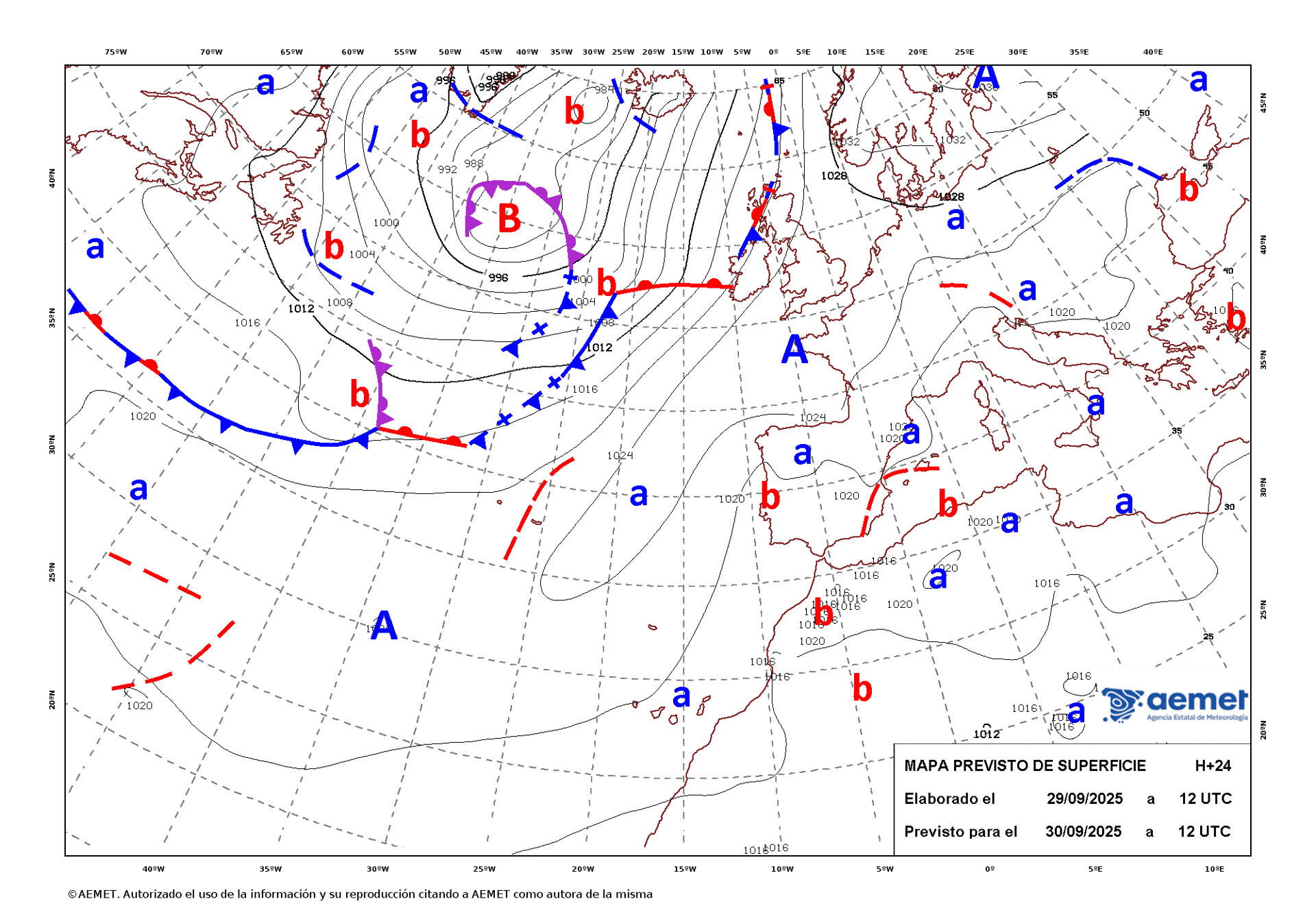 Mapa de isobaras facilitado por la Aemet elaborado el 29/09/2025 previsto para el 30/09/2025. EFE ***SOLO USO EDITORIAL/SOLO DISPONIBLE PARA ILUSTRAR LA NOTICIA QUE ACOMPAÑA (CRÉDITO OBLIGATORIO)***

