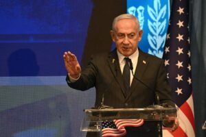 JERUSALEM (Israel), 15/09/2025.- Israeli Prime Minister Benjamin Netanyahu addresses the opening event of a bipartisan delegation of American legislators to Israel, at the Foreign Ministry in Jerusalem, 15 September 2025. The delegation includes 250 legislators from all 50 U.S. states – five elected officials from each state. (Jerusalén) EFE/EPA/DEBBIE HILL / POOL