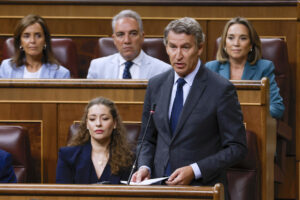 El líder del Partido Popular, Alberto Núñez-Feijóo, durante la sesión de control celebrada, este miércoles, en el Congreso de los Diputados. EFE/ J.J. Guillén