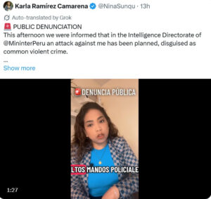 Captura de video de la cuenta oficial de la red social X de @NinaSunqu, de la periodista de investigación Karla Ramírez denunciando una amenaza en su contra. EFE/ @ninasunqu