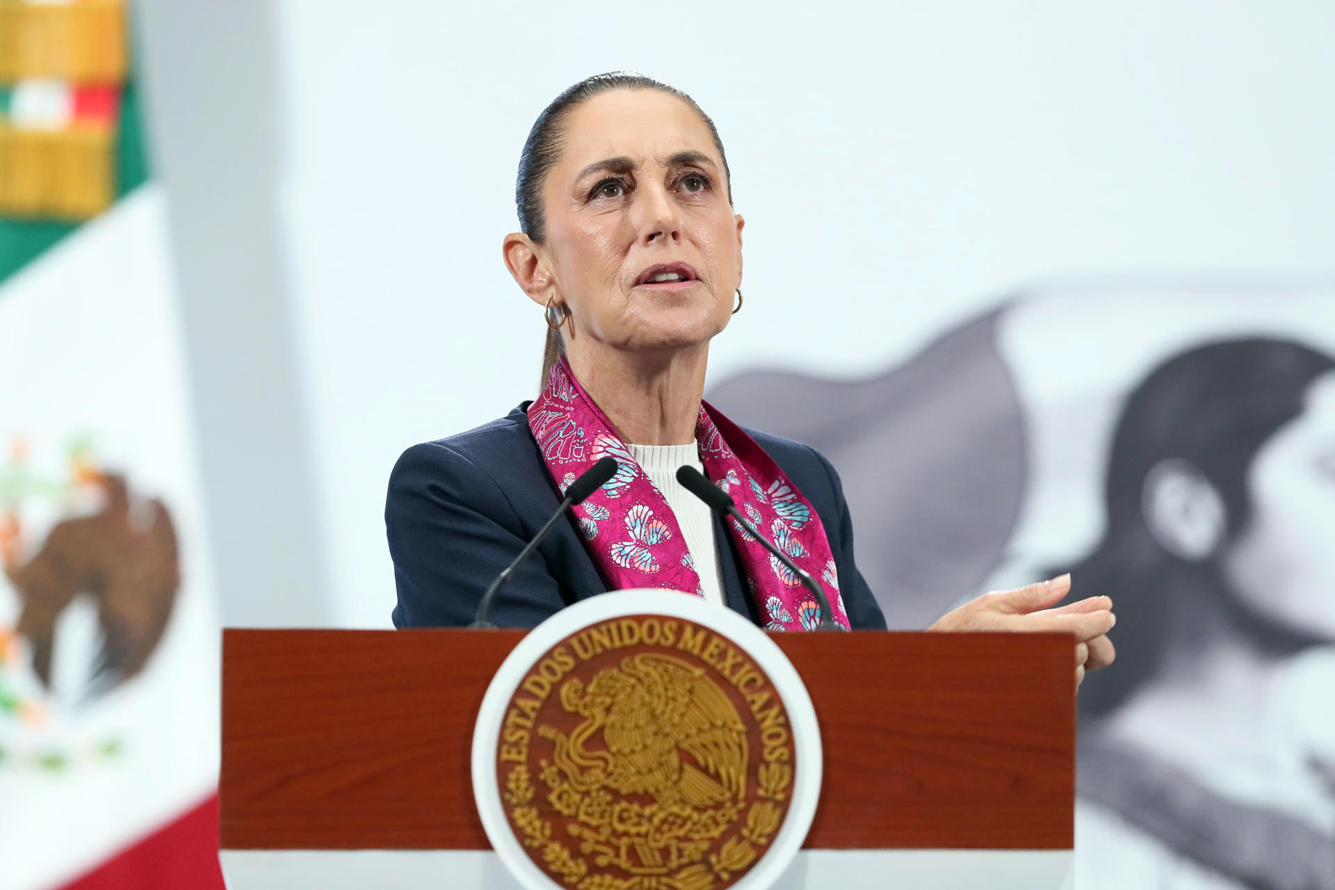 La presidenta de México, Claudia Sheinbaum, habla durante una rueda de prensa este martes, en el Palacio Nacional de Ciudad de México (México). EFE/ Mario Guzmán
