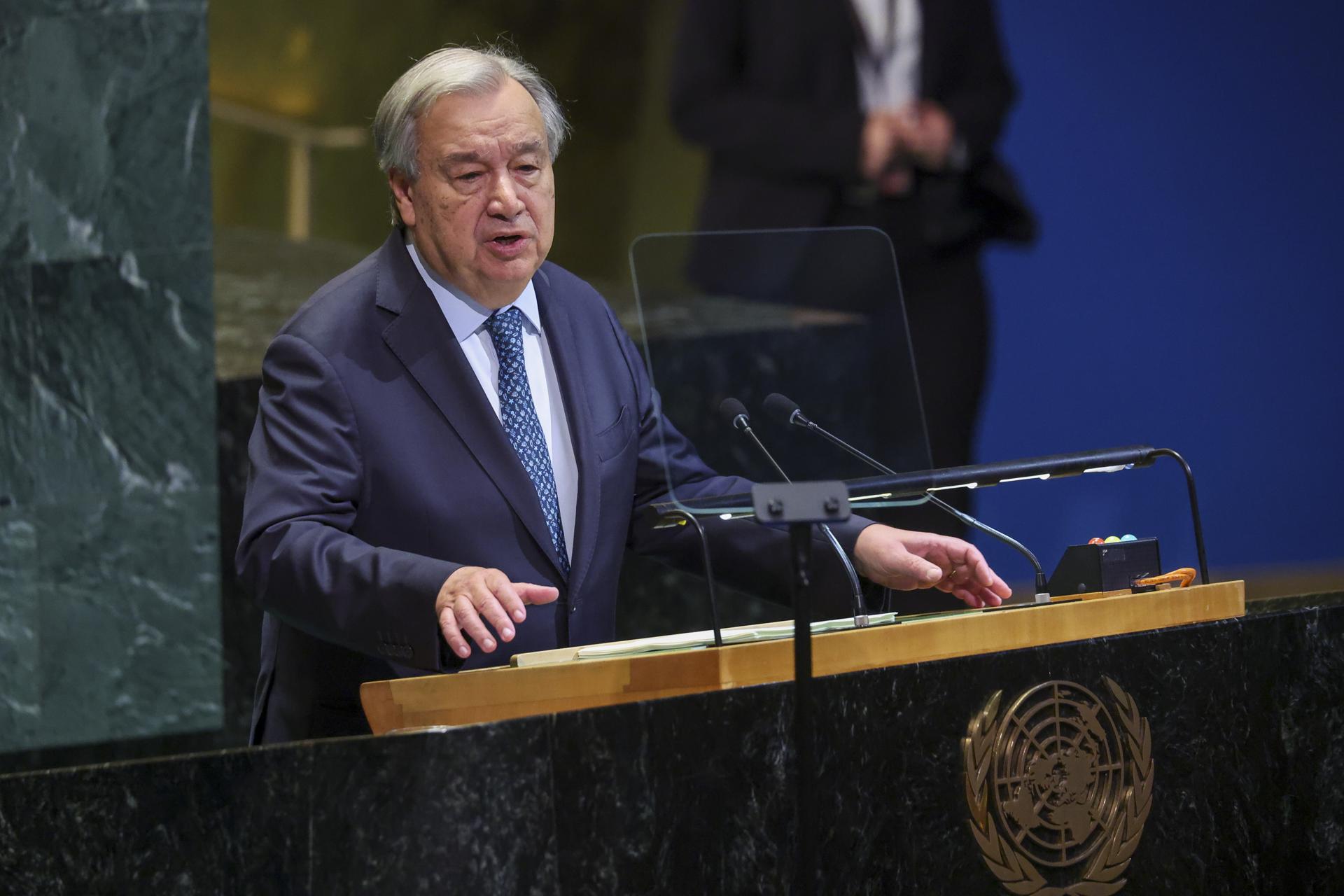El Secretario General de la ONU, Antonio Guterres, al intervenir este martes, 23 de septiembre, en la inauguración de la 80ª sesión de la Asamblea General de las Naciones Unidas, en la sede del organismo, en Nueva York (NY, EE.UU.). EFE/Sarah Yenesel
