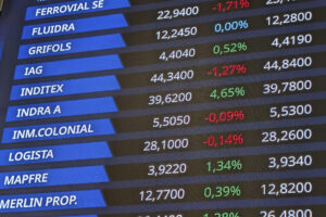 La Bolsa española ha sumado el 0,24 % este miércoles, a las puertas de los 15.200 puntos, impulsada por el ascenso de Indra (4,65 %) y el comportamiento alcista del sector bancario y pese al debilitamiento de la confianza empresarial en Alemania. El principal índice del mercado nacional, el IBEX 35, ha ganado 36,4 puntos, ese 0,24 %, y ha cerrado en los 15.194 enteros. En lo que va de año avanza el 31,04 %. EFE/ Vega Alonso