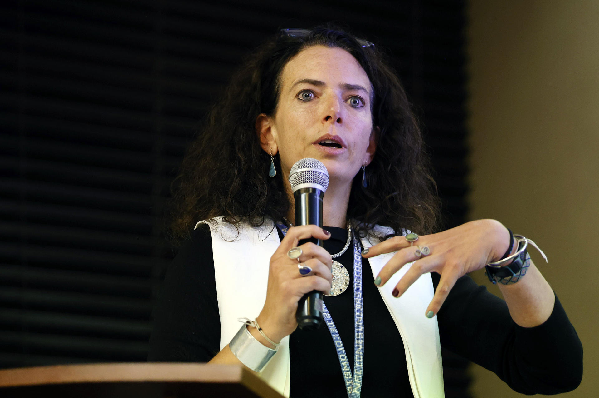 Fotografía de archivo de la directora de la Oficina de la ONU para la Coordinación de Asuntos Humanitarios (OCHA) en Colombia, Claudia Rodríguez, durante un conferencia, en Bogotá (Colombia). EFE/Mauricio Dueñas