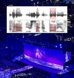 Taylor Swift actuando durante su gira Eras (crédito Maura Shapiro) con análisis de frecuencia vocal superpuesto.Fotografía facilitada por Maura Shapiro/Miski Mohamed y Matthew Winn.
