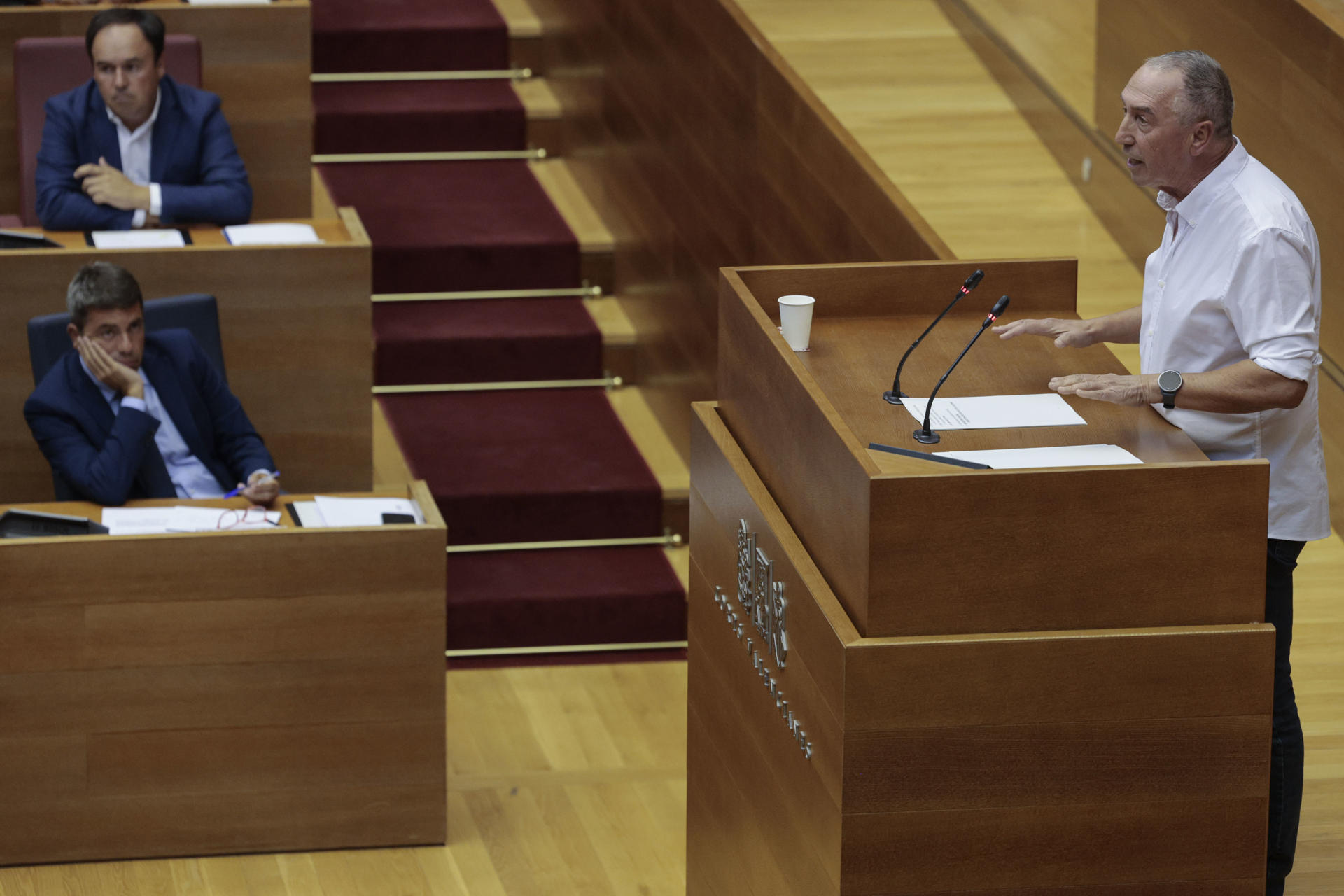El portavoz del grupo Compromís, Joan Baldoví, durante el Debate parlamentario de Política General o sobre el estado de la Comunitat Valenciana, el primero después de la dana en la que murieron 229 personas. EFE/ Kai Forsterling
