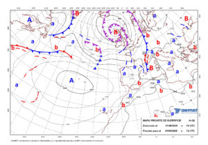 Mapa de isobaras facilitado por la Aemet elaborado el 31/08/2025 previsto para el 01/09/2025. EFE ***SOLO USO EDITORIAL/SOLO DISPONIBLE PARA ILUSTRAR LA NOTICIA QUE ACOMPAÑA (CRÉDITO OBLIGATORIO)***