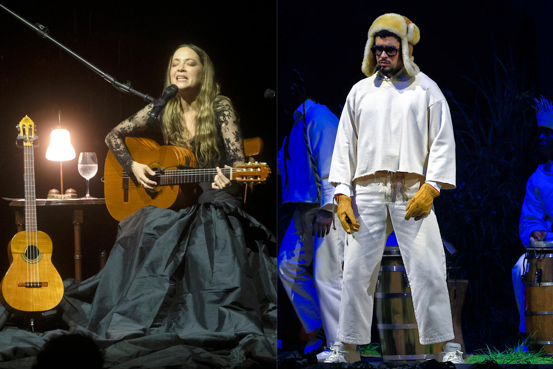 AME263. BOGOTÁ (COLOMBIA), 17/09/2025.- Combo de fotografías de archivo de los artistas latinos Natalia Lafourcade (i) y Bad Bunny (d). 'Baile inolvidable' y 'DeBÍ TiRAR MáS FOToS', de Bad Bunny; 'Cancionera', de Natalia Lafourcade; 'El día del amigo' y '#Tetas', de Ca7riel & Paco Amoroso, están entre los nominados a la categoría canción del año de la edición 26 de los Latin Grammy. EFE/ ARCHIVO
