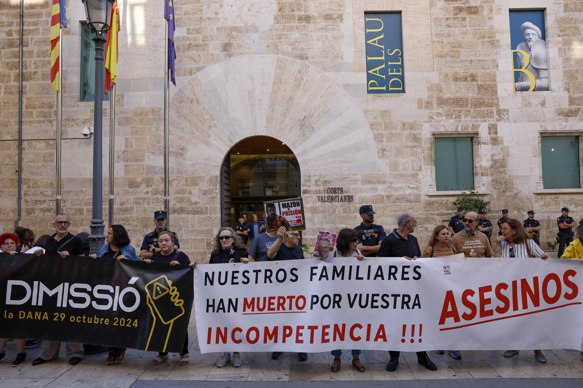 La Asociación de Víctimas de la Dana 29 de octubre de 2024 se concentra ante Les Corts Valencianes con motivo de la celebración del Debate de Política General para pedir la dimisión del presidente de la Generalitat, Carlos Mazón. EFE/Ana Escobar
