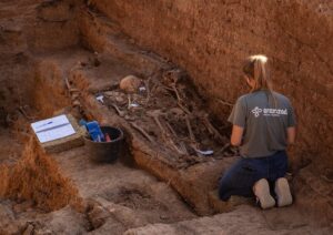 Trabajos de exhumación de la fosa común de Pico Reja en el cementerio de San Fernando de Sevilla en 2020.. EFE/Julio Muñoz