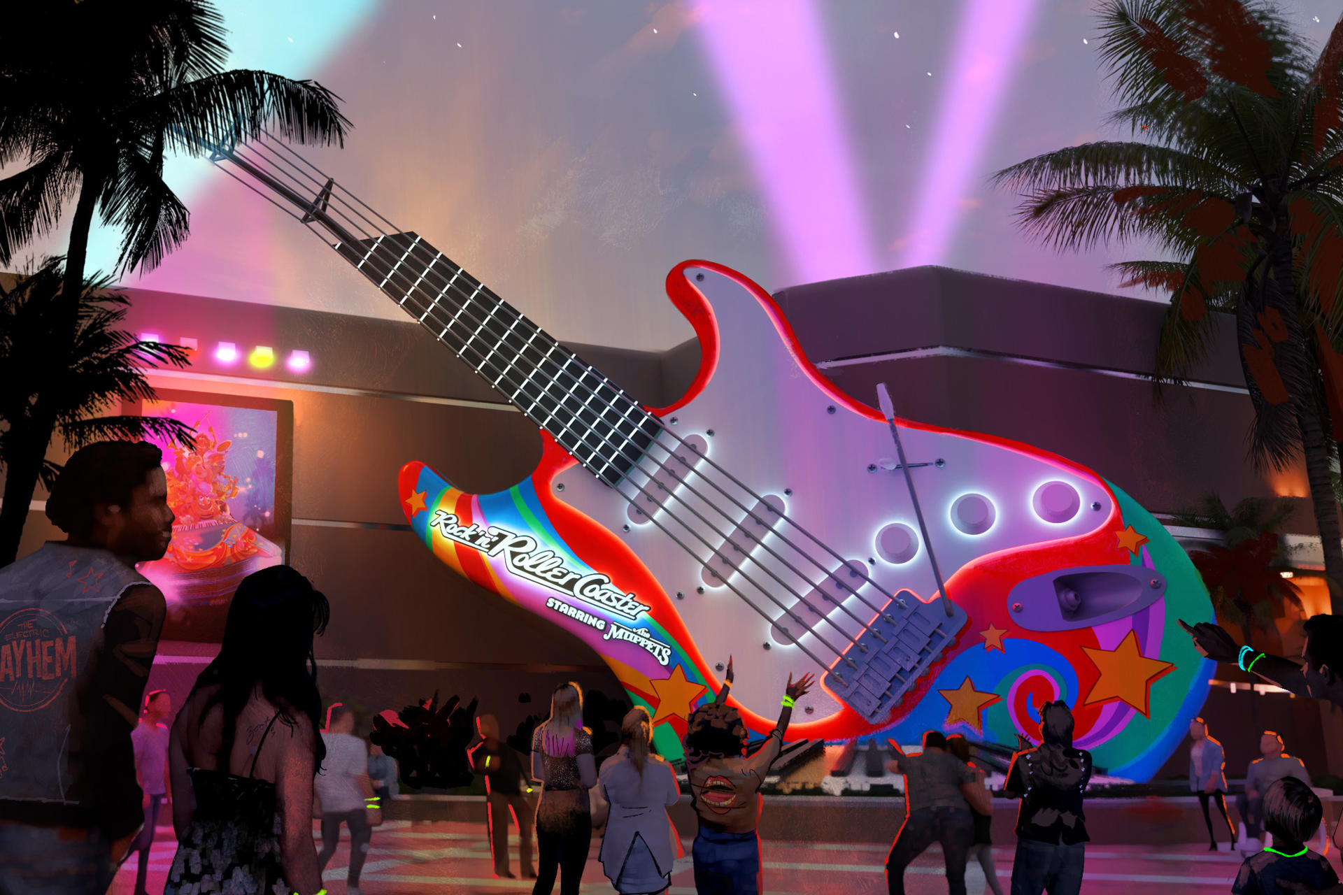 Fotografía cedida por Disney de un dibujo del nuevo diseño vibrante y psicodélico de los Muppets que adornará la parte inferior de la guitarra exterior de Rock 'n' Roller Coaster en el Hollywood Studios en Walt Disney World Resort, Florida (EE.UU.). EFE/ Amy Smith /Disney
