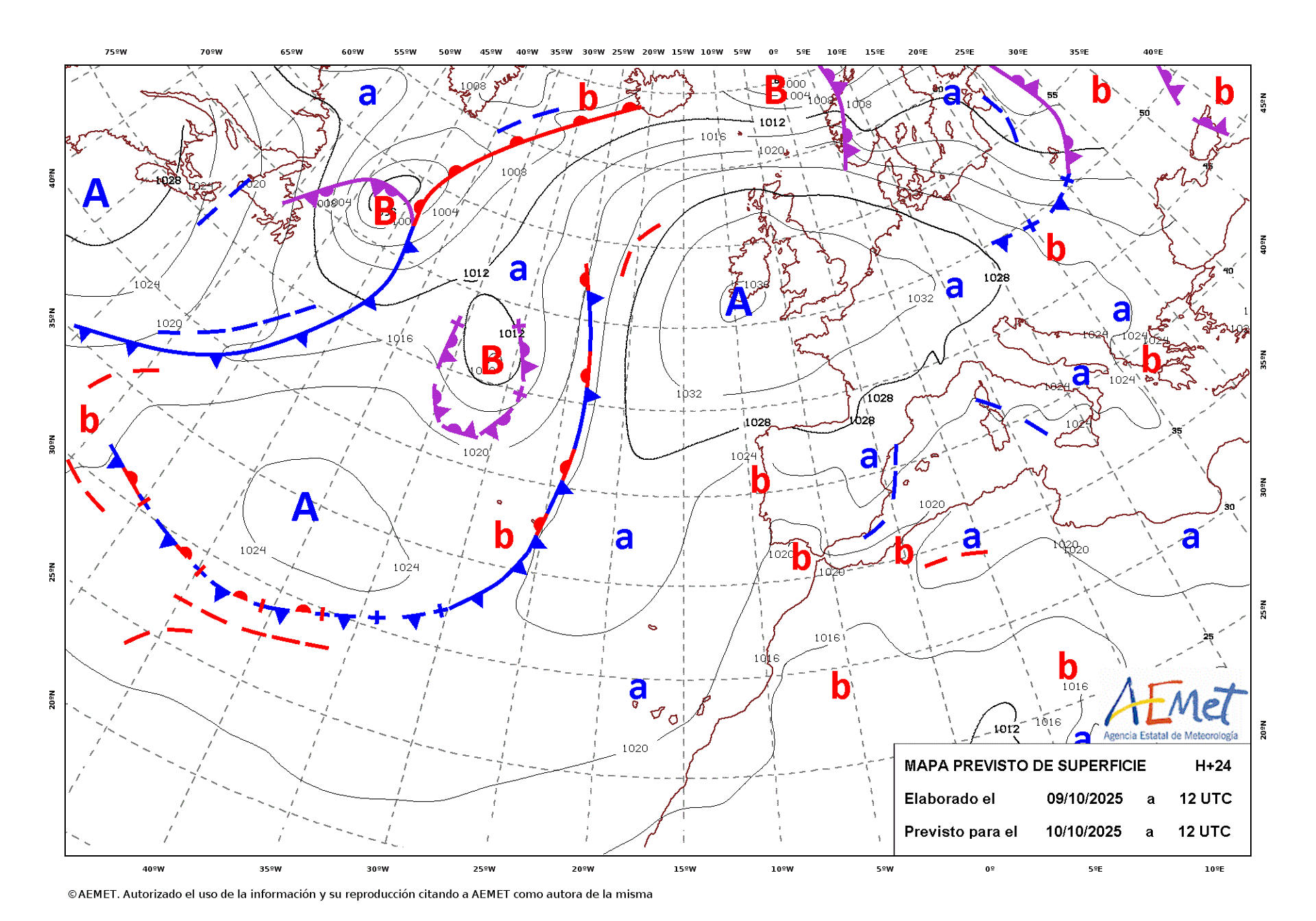 Mapa de isobaras elaborado por la Aemet el 09/10/2025 previsto para el 10/10/2025. EFE/Aemet