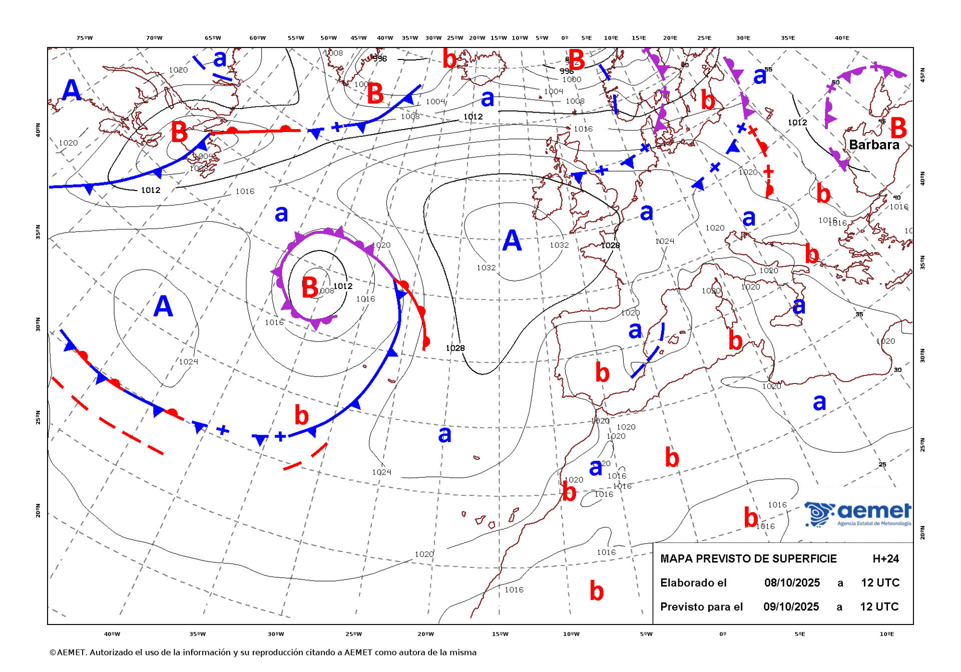 Mapa de isobaras facilitado por la Aemet previsto para el 09/10/2025. EFE *****SOLO USO EDITORIAL/SOLO DISPONIBLE PARA ILUSTRAR LA NOTICIA QUE ACOMPAÑA (CRÉDITO OBLIGATORIO) *****
