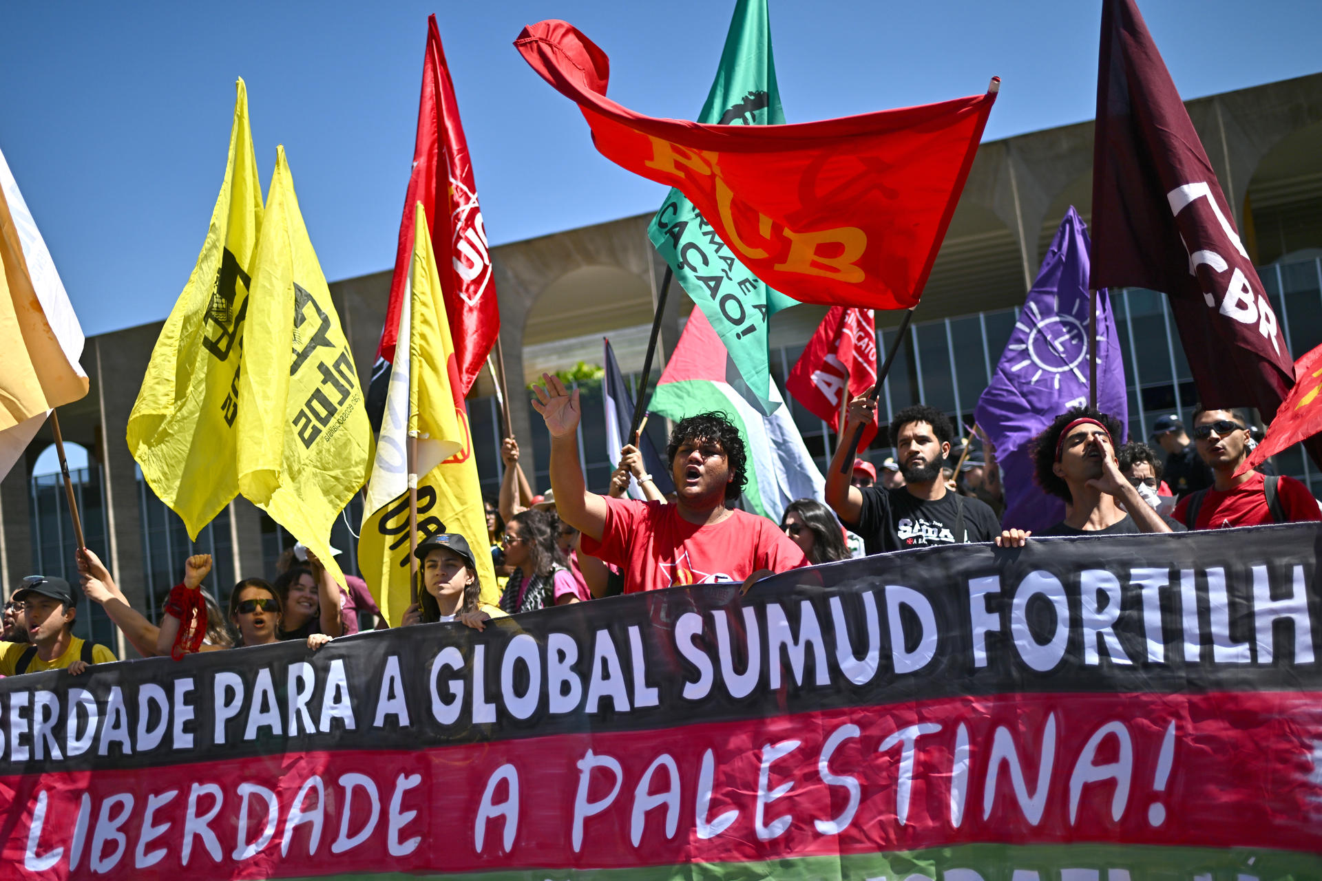 Personas protestan por la liberación de la Flotilla Global Sumud, que se dirigía a Gaza con ayuda humanitaria, este jueves en Brasilia (Brasil). EFE/ Andre Borges