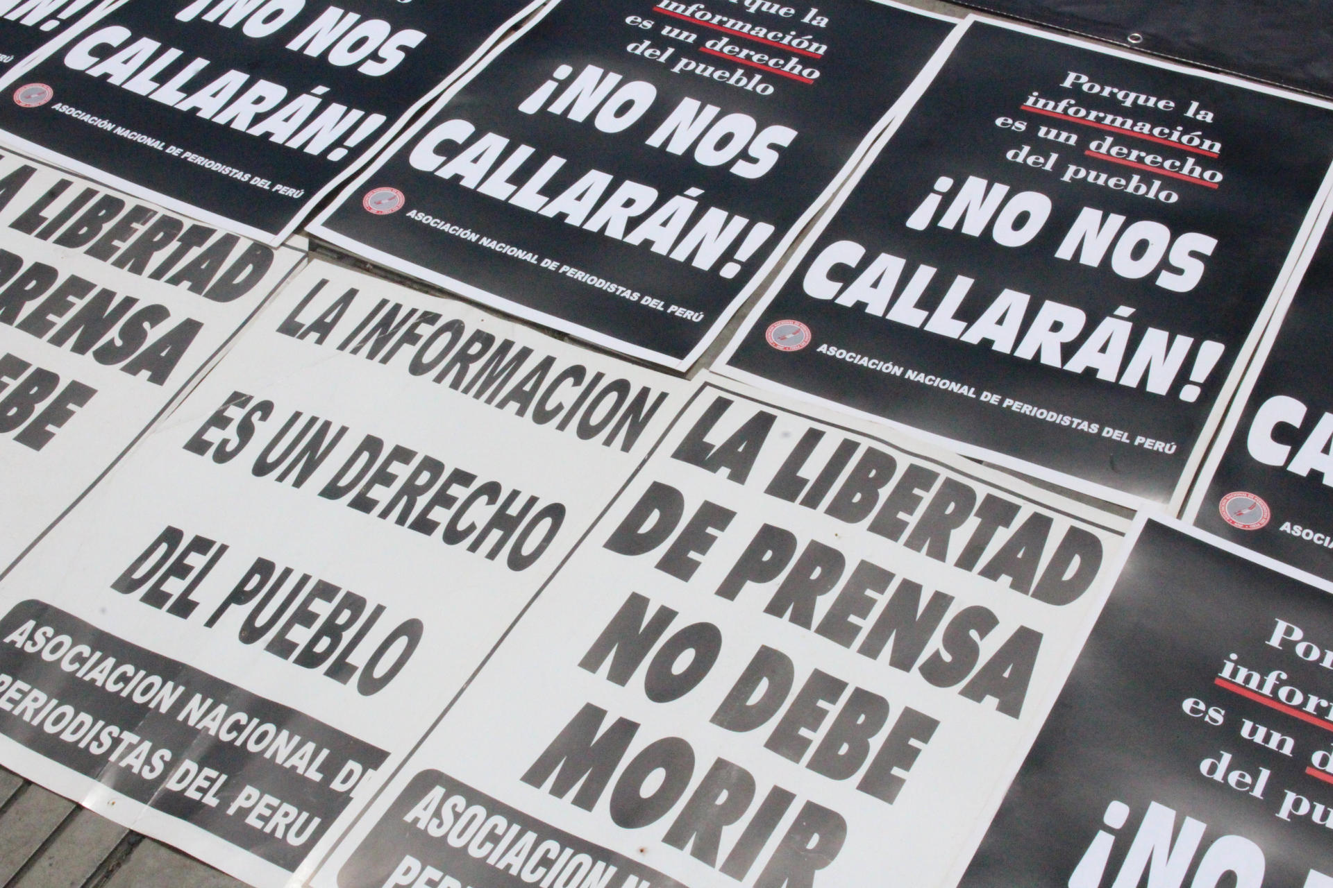 Fotografía de algunos carteles durante una protesta convocada por la Asociación Nacional de Prensa de Perú este miércoles, a las afueras del Palacio de Justicia en Lima (Perú).EFE/ Paula Bayarte
