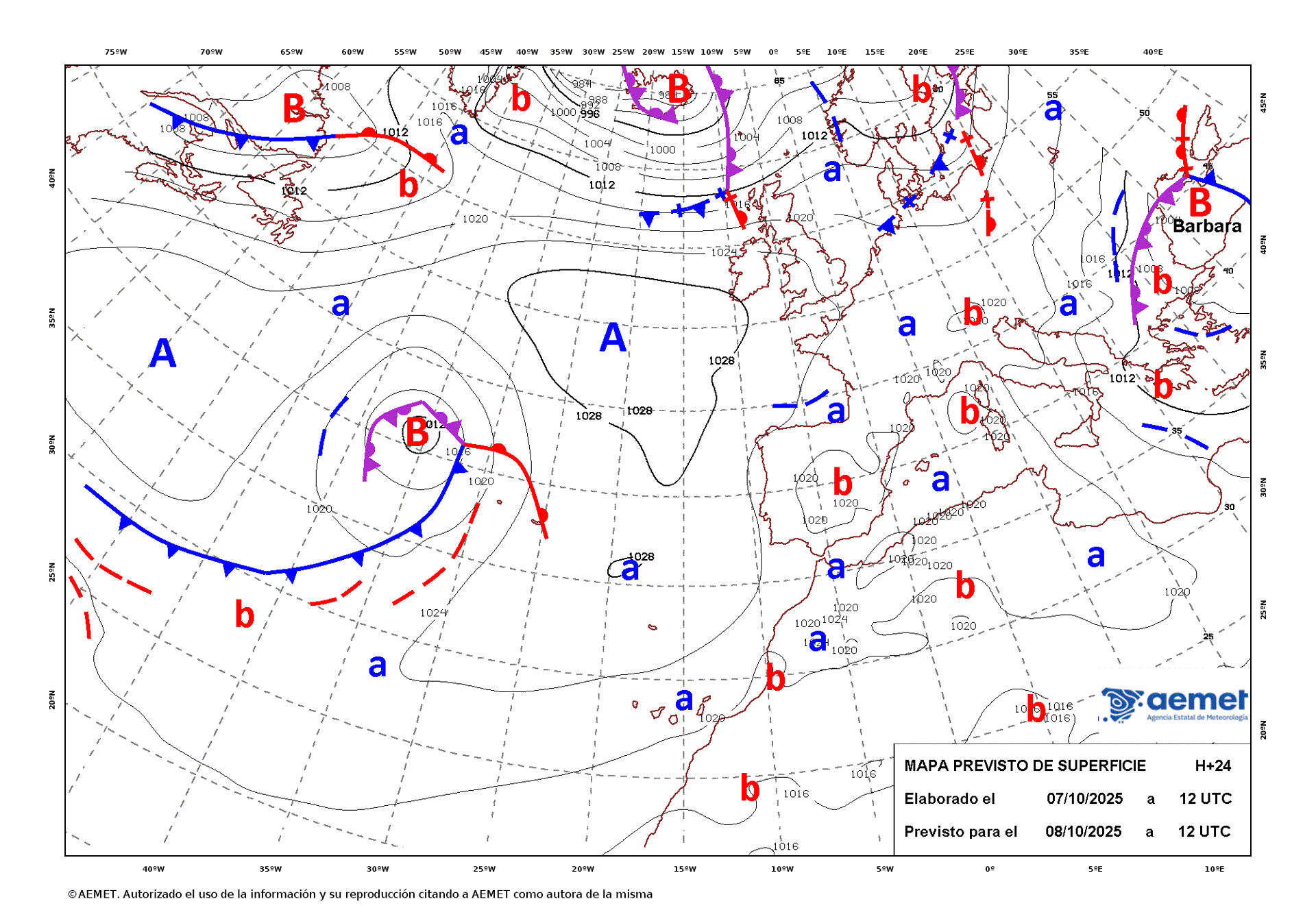 Mapa de isobaras facilitado por la Aemet previsto para el 08/10/2025. EFE *****SOLO USO EDITORIAL/SOLO DISPONIBLE PARA ILUSTRAR LA NOTICIA QUE ACOMPAÑA (CRÉDITO OBLIGATORIO) *****
