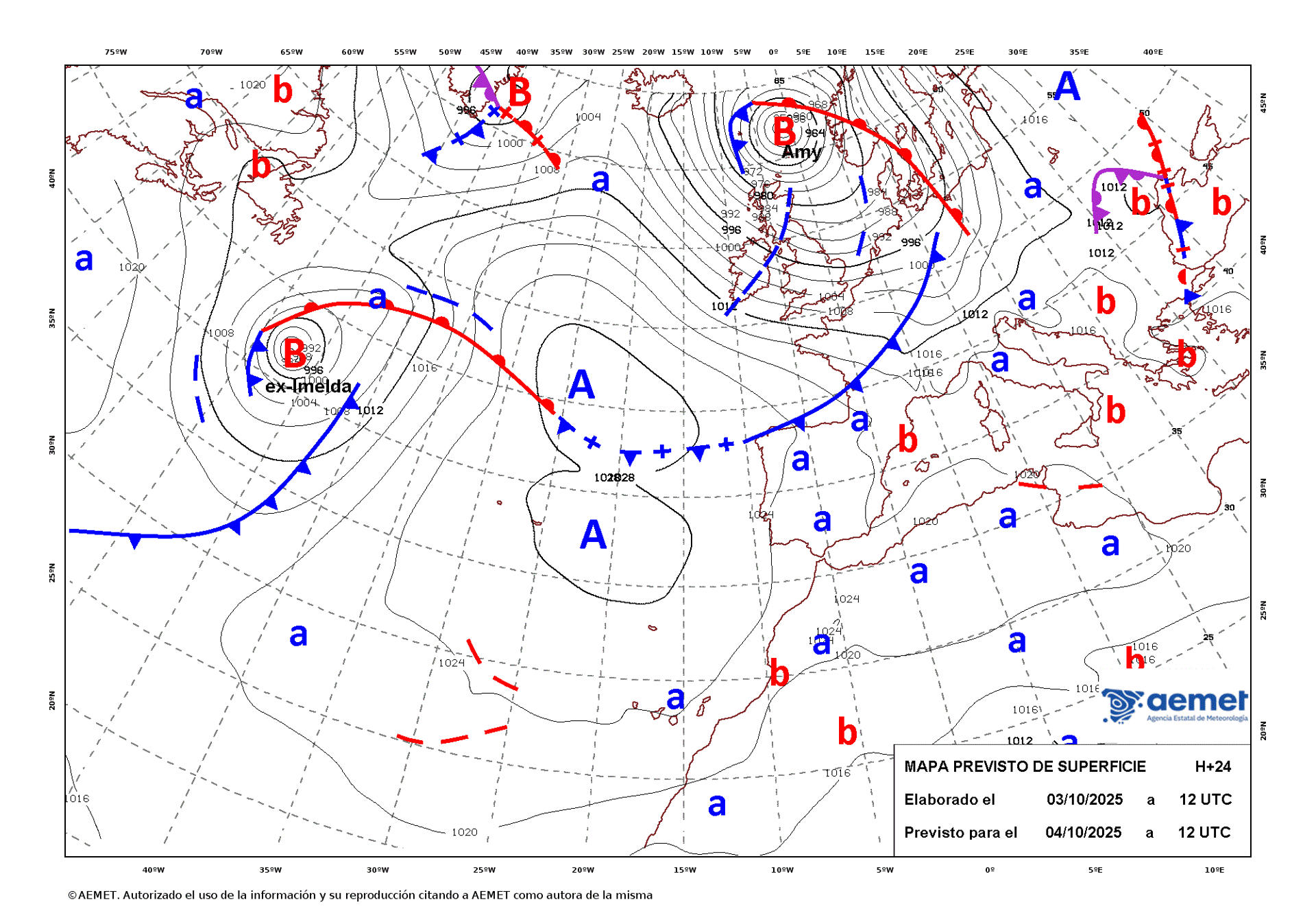 Mapa de isobaras facilitado por la Aemet previsto para el 04/10/2025. EFE ***SOLO USO EDITORIAL/SOLO DISPONIBLE PARA ILUSTRAR LA NOTICIA QUE ACOMPAÑA (CRÉDITO OBLIGATORIO)***
