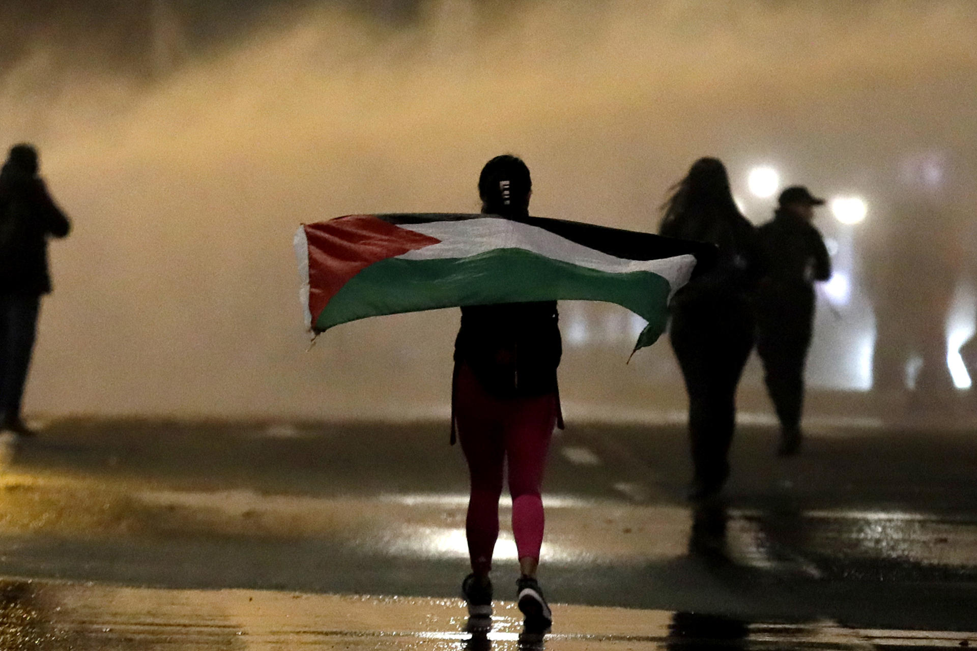 Un manifestante con la bandera de Palestina fue captada este jueves, 2 de octubre, durante una protesta, en Bogotá (Colombia). EFE/Carlos Ortega