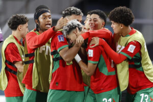 Jugadores de Marruecos celebran un gol en un partido de octavos de final de la Copa Mundial Sub-20. EFE/ Elvis González