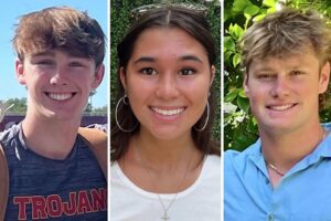 Composición de tres fotografías cedidas por la Ciudad de Piedmont que muestra a los jóvenes universitarios que murieron en un accidente de auto en California, Soren Dixon (i), Krysta Tsukahara (c) y Jack Nelson (d). EFE/Ciudad de Piedmont