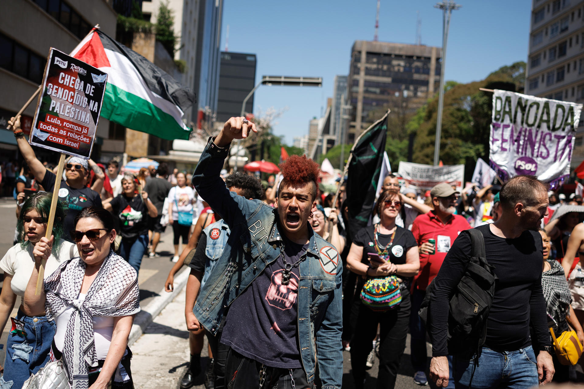 Personas se manifiestan durante una marcha para pedir el fin de la ofensiva israelí en Gaza este domingo, en la Avenida Paulista en São Paulo (Brasil). EFE/Isaac Fontana
