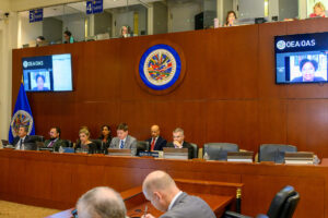 Fotografía cedida por la Organización de los Estados Americanos (OEA) donde aparece la relatora de la CIDH para Venezuela, Gloria de Mees (en pantalla), durante una videollamada ante el Consejo Permanente este miércoles, en Washington (Estados Unidos). EFE/ Juan Manuel Herrera/ OEA