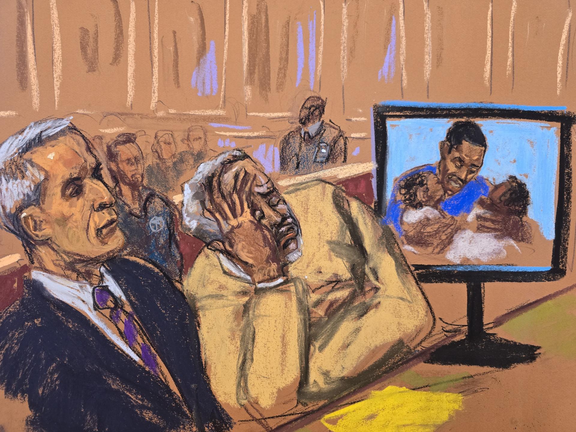 Fotografía de un dibujo realizado por la artista Jane Rosenberg donde aparece Sean Combs mientras uno de sus hijos rinde declaración durante su juicio este viernes, en un tribunal de Nueva York (EE.UU). EFE/Jane Rosenberg
