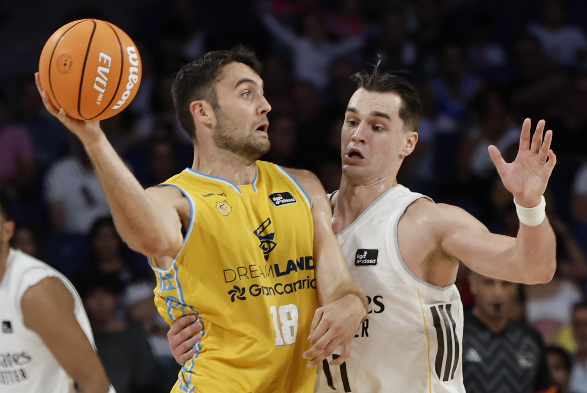El alero croata del Real Madrid Mario Hezonja (d) se enfrenta a Mike Tobey (d), del Dreamland Gran Canaria, durante el partido de la Liga Endesa de baloncesto en el pabellón Movistar Arena, en Madrid. EFE/ Sergio Pérez

