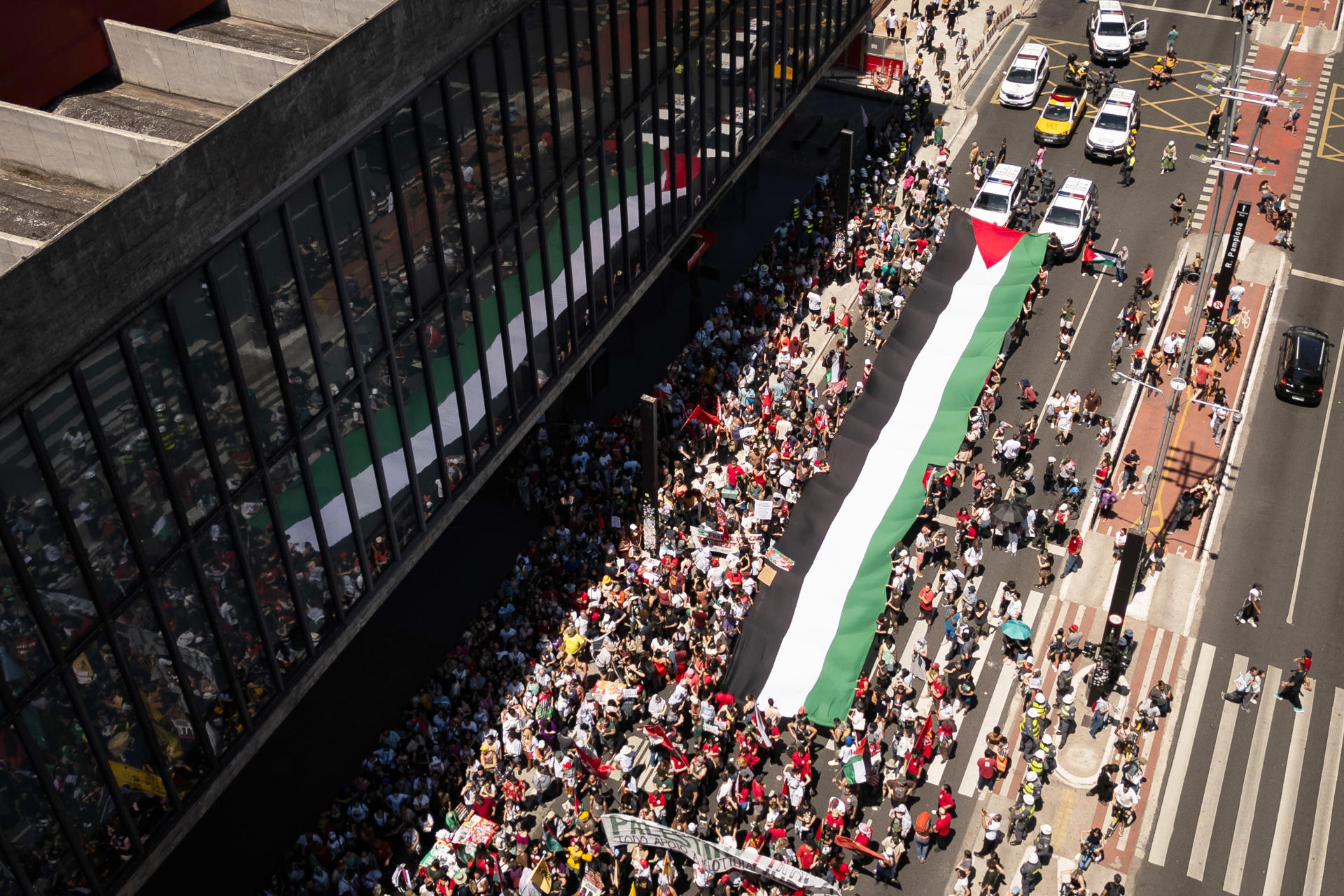 Personas se manifiestan durante una marcha para pedir el fin de la ofensiva israelí en Gaza este domingo, en la Avenida Paulista en São Paulo (Brasil). EFE/Isaac Fontana