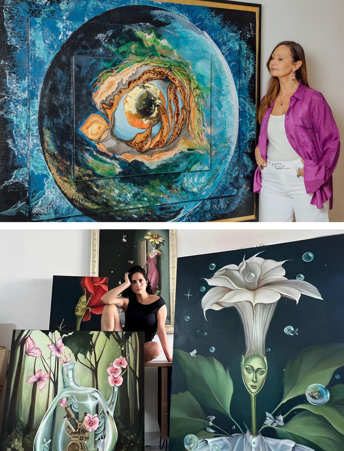 Fotografía cedida este miércoles por ARTEria donde se observa a las artistas Verónica Vicario (arriba) y Carolina Pavia (abajo) durante una exposición en Ciudad de México (México). EFE/ Arteria /SOLO USO EDITORIAL/NO VENTAS/ SOLO DISPONIBLE PARA ILUSTRAR LA NOTICIA QUE ACOMPAÑA (CRÉDITO OBLIGATORIO)