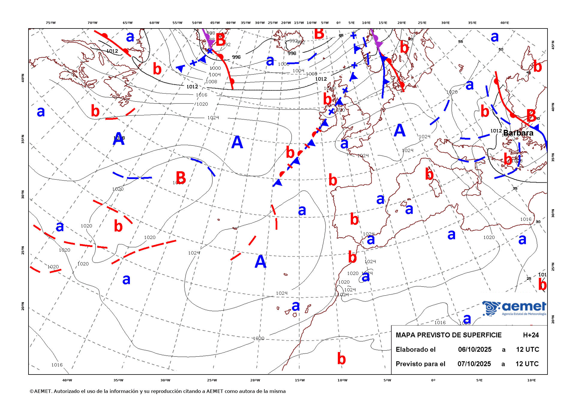 Mapa de isobaras facilitado por la Aemet previsto para el 07/10/2025. EFE *****SOLO USO EDITORIAL/SOLO DISPONIBLE PARA ILUSTRAR LA NOTICIA QUE ACOMPAÑA (CRÉDITO OBLIGATORIO) *****
