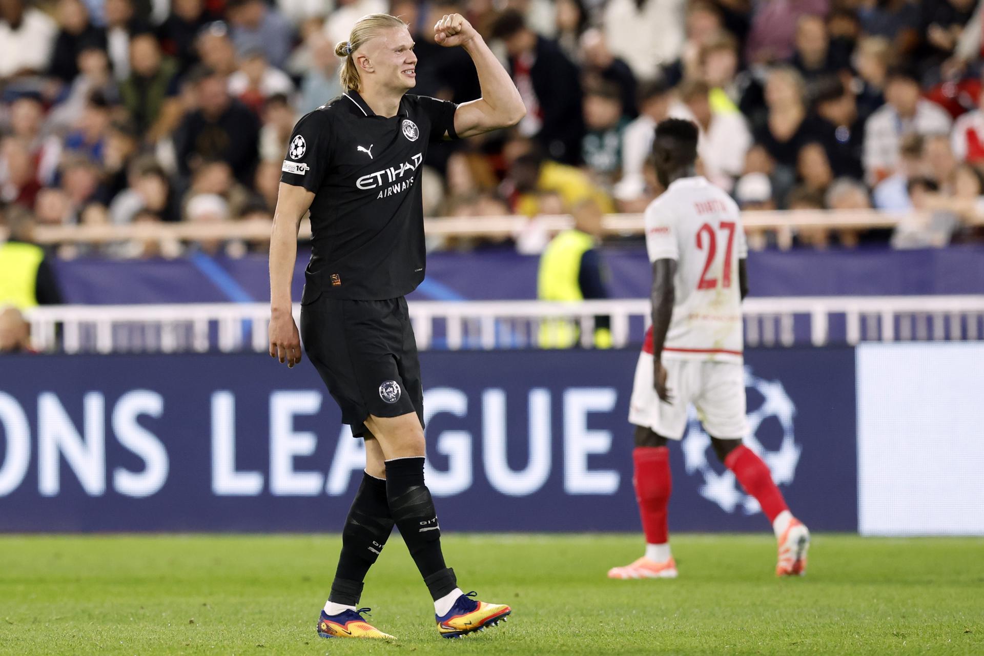 Erling Haalandcelebra un gol durante el partido de la UEFA Champions League que han jugado AS Monaco y Manchester City, en Mónaco. EFE/EPA/SEBASTIEN NOGIER
