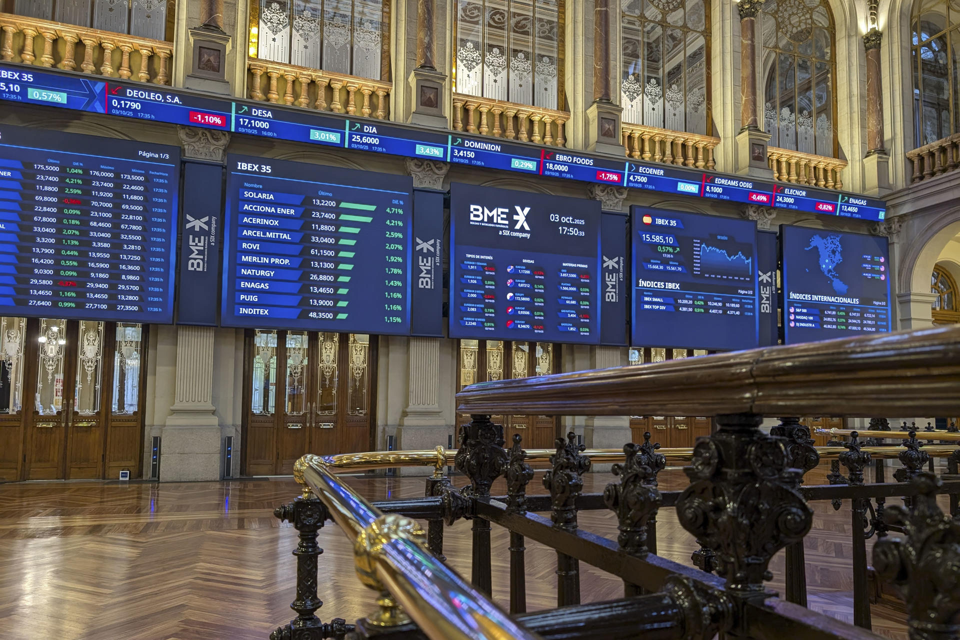 La Bolsa española ha subido el 0,57 % este viernes y ha conquistado otro máximo anual cerca de 15.600 puntos animada por el avance de Wall Street, según datos del mercado. El índice de referencia de la Bolsa española ha ganado 88,9 puntos, ese 0,57 %, hasta 15.585,1 puntos, nuevo máximo anual de cierre y nivel de diciembre de 2007. En la semana sube el 1,53 % y en el año se revaloriza el 34,41 %. EFE/ Vega Alonso
