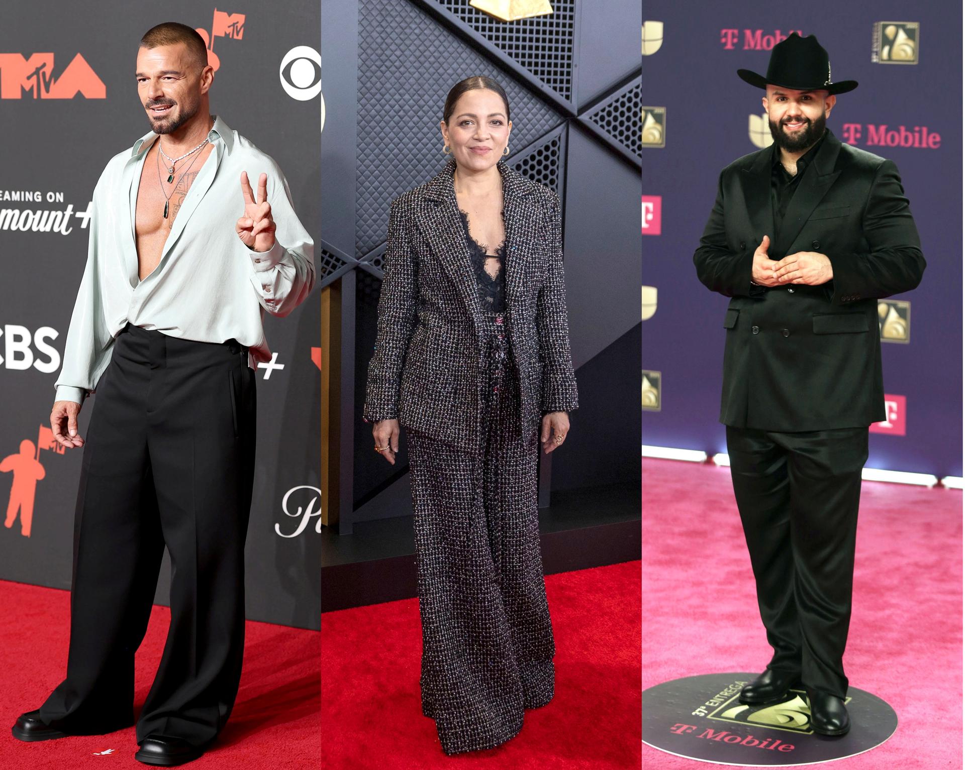 Composición de tres fotografías de archivo donde aparecen de izquierda a derecha el puertorriqueño Ricky Martin y los mexicanos Natalia Lafourcade y Carín León en tres diferentes ceremonias de entrega de premios de música. EFE/O. Guzmán/A. Arorizo/M. Pacheco ARCHIVO
