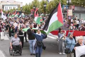 Cientos de personas se han manifestado este sábado por las calles de Logroño en solidaridad con el pueblo palestino y para pedir el fin del genocidio israelí en Gaza. EFE/Raquel Manzanares