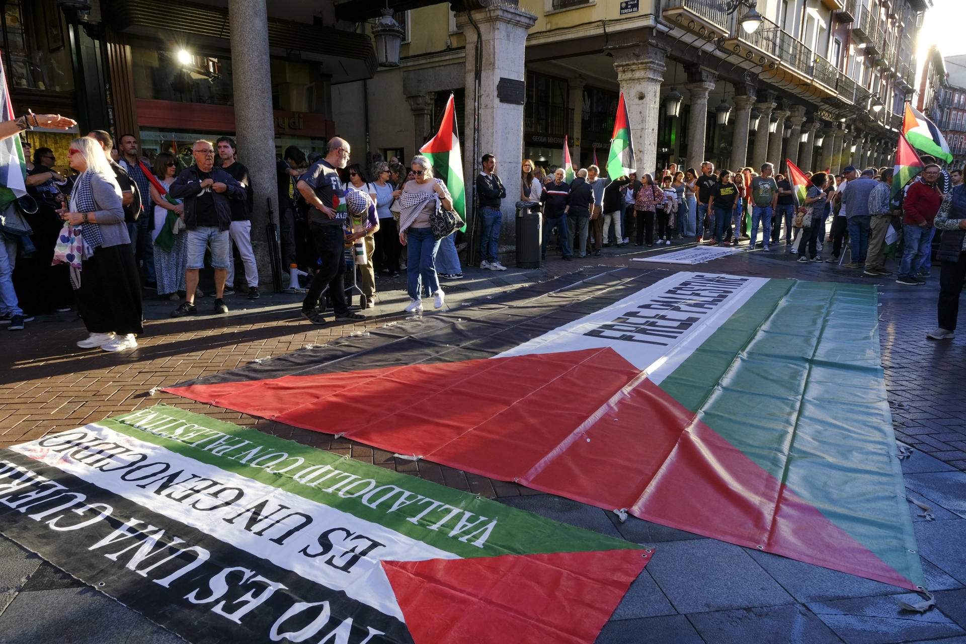 Miles de personas participan en la manifestación en Valladolid para reclamar al Gobierno de España la ruptura de relaciones y embargo total de armas a Israel, así como exigir el fin del genocidio que perpetra en Gaza. EFE/Fernando Sanz