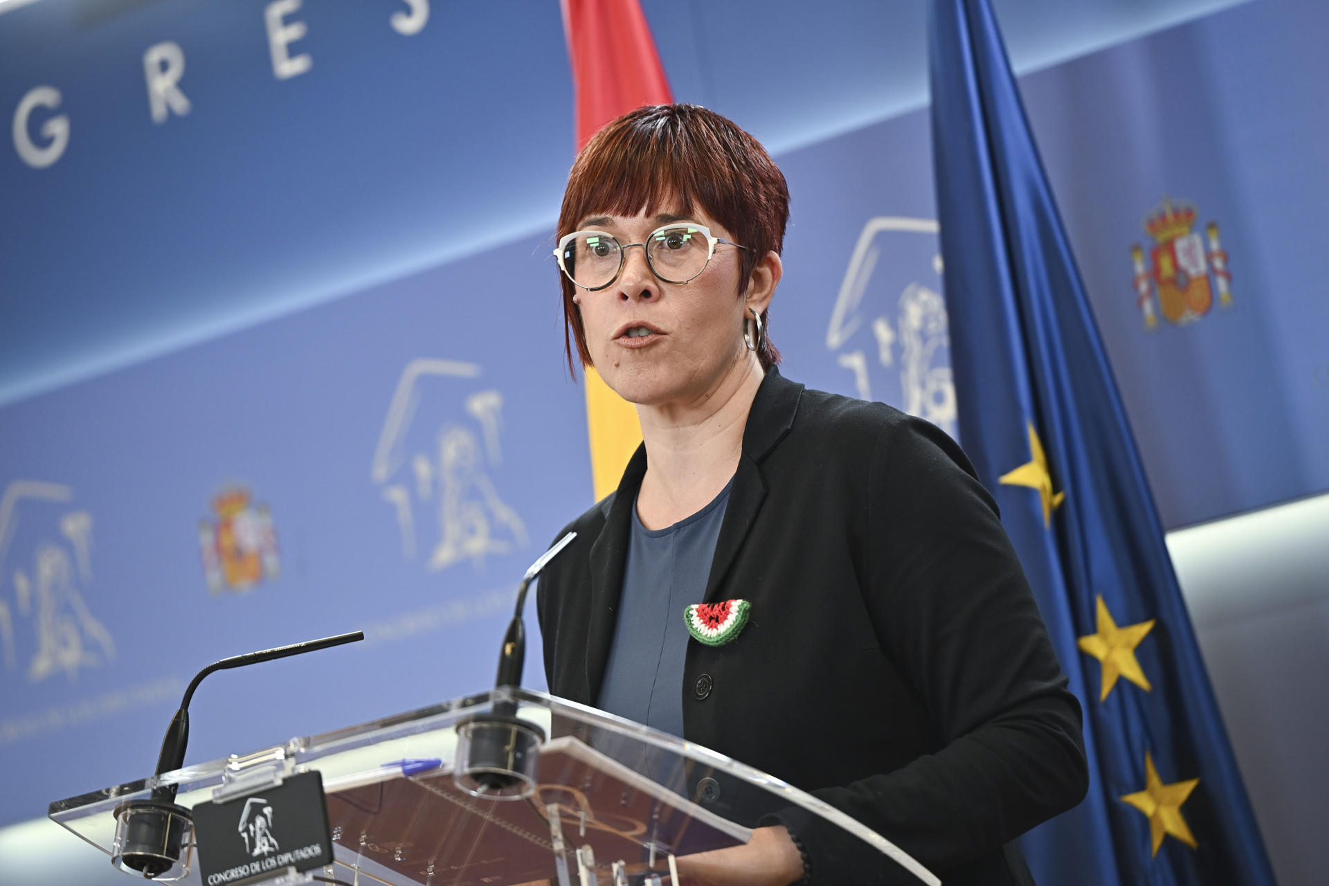 La diputada de Sumar Àgueda Micó da una rueda de prensa en el marco de la reunión de la Junta de Portavoces, este miércoles, en el Congreso de los Diputados. EFE/ Fernando Villar
