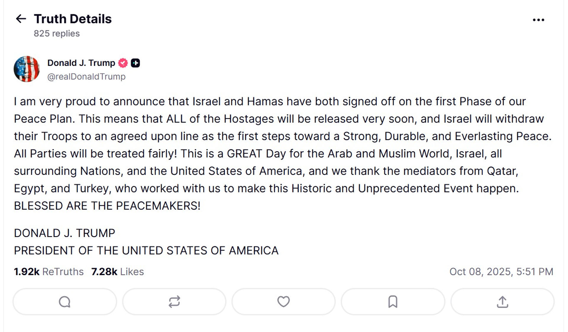 Captura de pantalla de la cuenta oficial de la red social TRUTH @realDonaldTrump del presidente de Estados Unidos, Donald Trump, donde anuncia que Israel y Hamás han acordado firmar la primera fase de un marco de paz que permitirá la rápida liberación de todos los rehenes. EFE/ @realdonaldtrump
