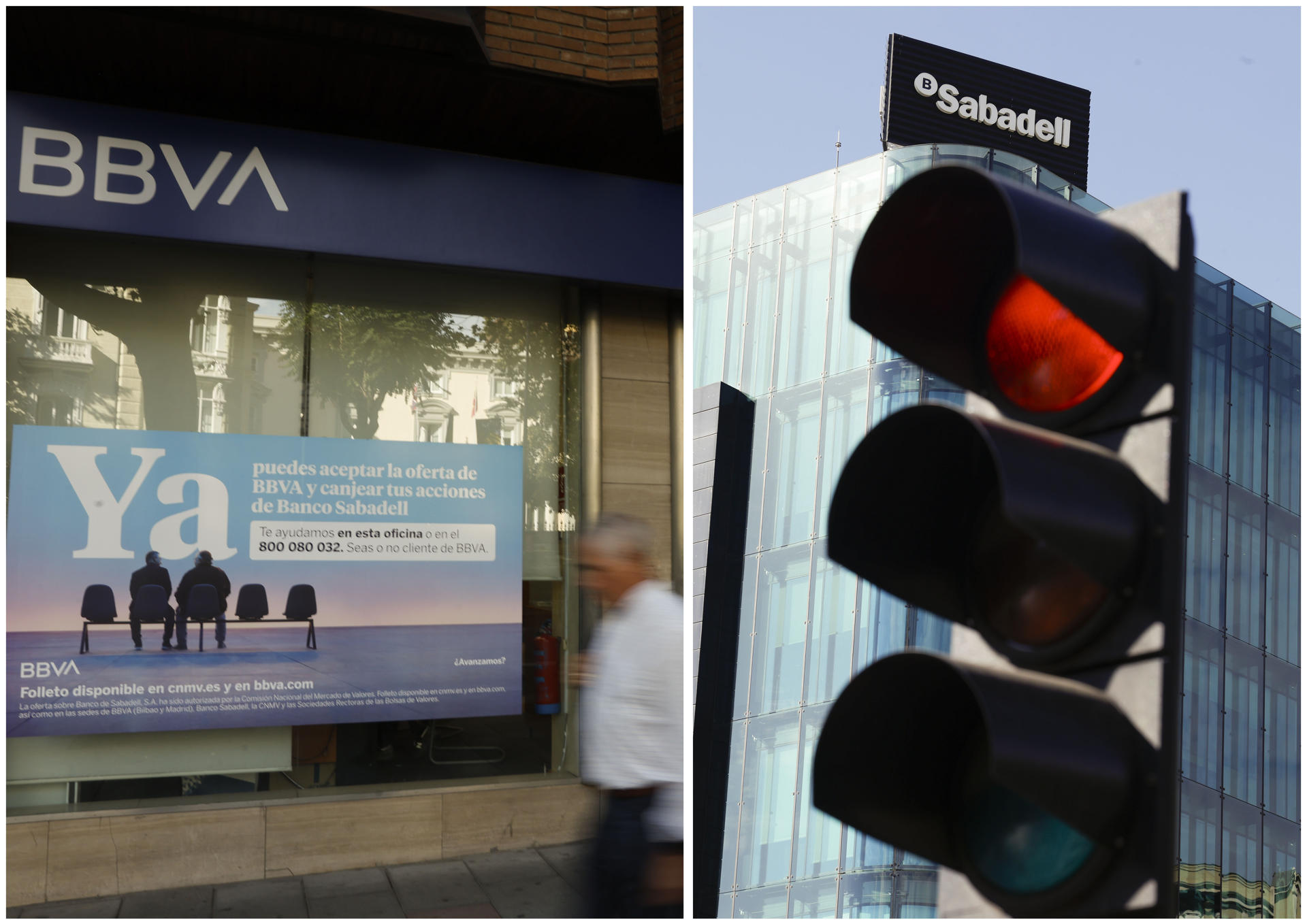Sucursal del banco BBVA (i) y del Sabadell (d) en Madrid, este miércoles. EFE/ Javier Lizon
