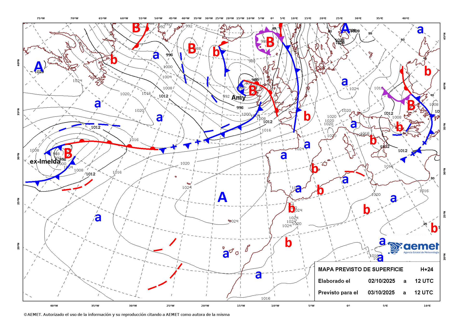 Mapa de isobaras facilitado por la Agencia Estatal de Meteorología (Aemet) elaborado el 02/10/2025 y previsto para el 03/10/2025. EFE ***SOLO USO EDITORIAL/SOLO DISPONIBLE PARA ILUSTRAR LA NOTICIA QUE ACOMPAÑA (CRÉDITO OBLIGATORIO)***
