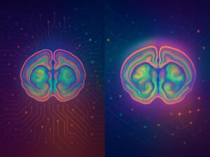 Representación generada por IA de la regionalización del cerebro de ratón superpuesta con motivos de red, que simboliza la fusión de la inteligencia artificial y el descubrimiento neuroanatómico. Crédito: Universidad de California, San Francisco