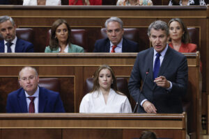 El líder del PP, Alberto Núñez Feijóo, durante la sesión de control al gobierno celebrada este miércoles en el Congreso. EFE/ J.J. Guillén