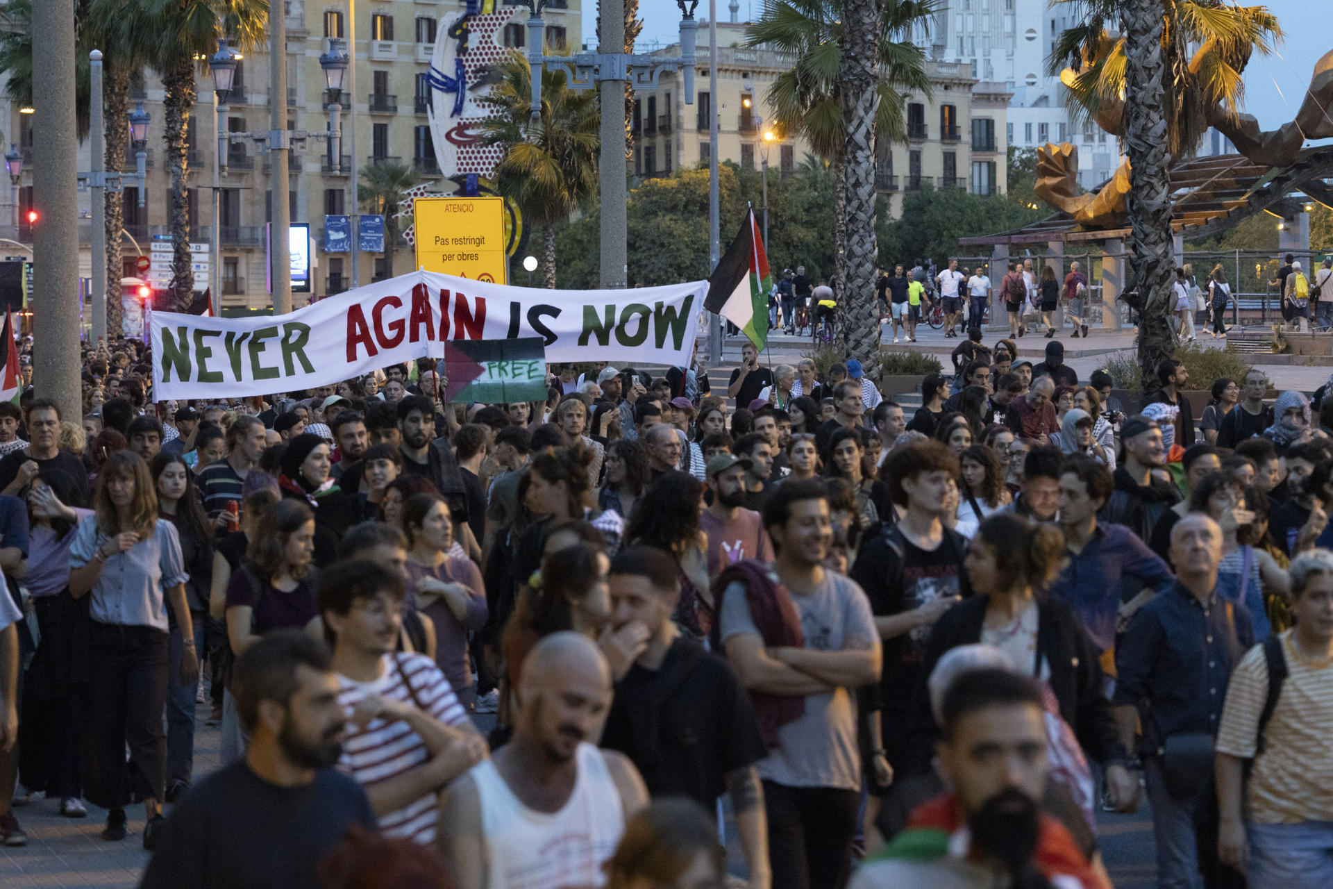 Asistentes a la manifestación por la liberación de la flotilla y por el cese de relaciones con Israel celebrada este viernes en Barcelona. EFE/Marta Pérez
