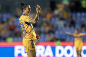 Jennifer Hermoso de Tigres celebra un gol en el estadio Universitario, en Monterrey (México). Fotografía de archivo. EFE/ Miguel Sierra
