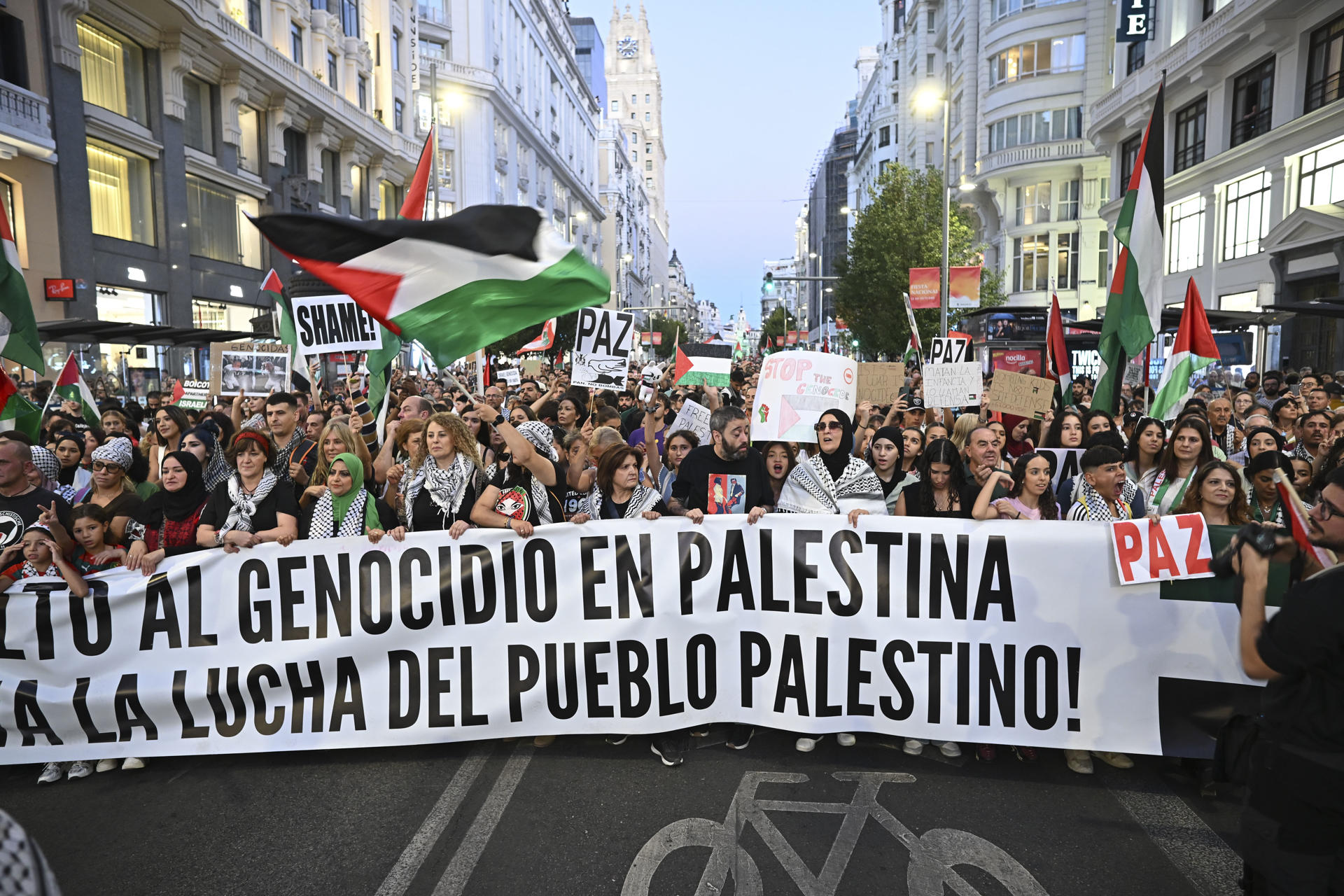 Vista de la manifestación por Palestina convocada por la Asociación Hispano Palestina Jerusalén – AHPJ, la Red Solidaria Contra la Ocupación de Palestina – RESCOP, la Campaña por el Embargo de armas a Israel, y las Asambleas de Madrid con Palestina, este sábado en Madrid.-EFE/ Fernando Villar